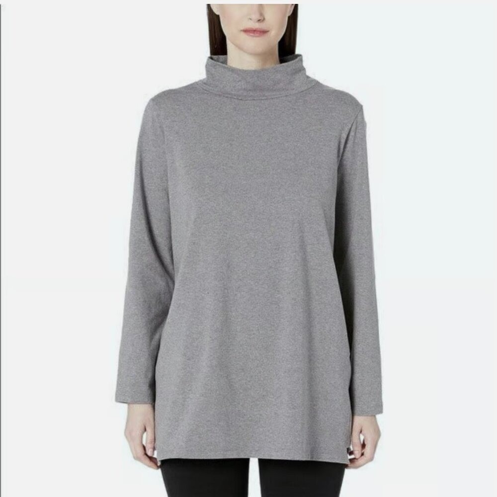 Sz M- Eileen Fisher Funnel‎ Mock Neck Heather Grey Long Sleeve Tunic Top